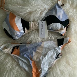 BCBGeneration White Black Orange Blue Abstract Print Bikini
